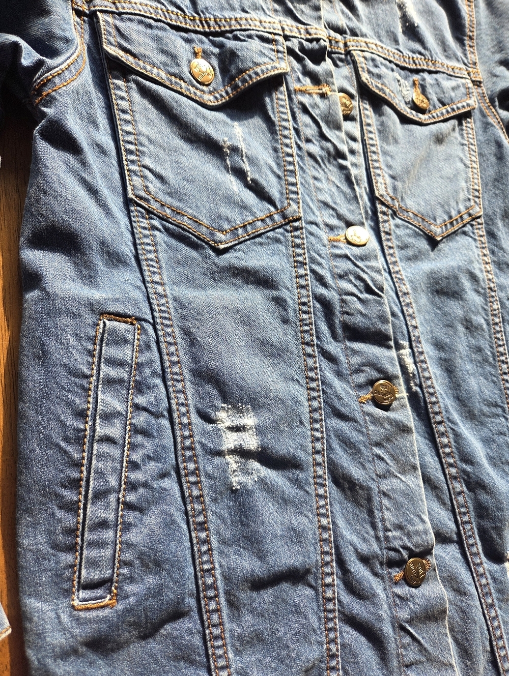 Long Slim Fit, Lightly Distressed Denim Jacket - Picture 4 of 8